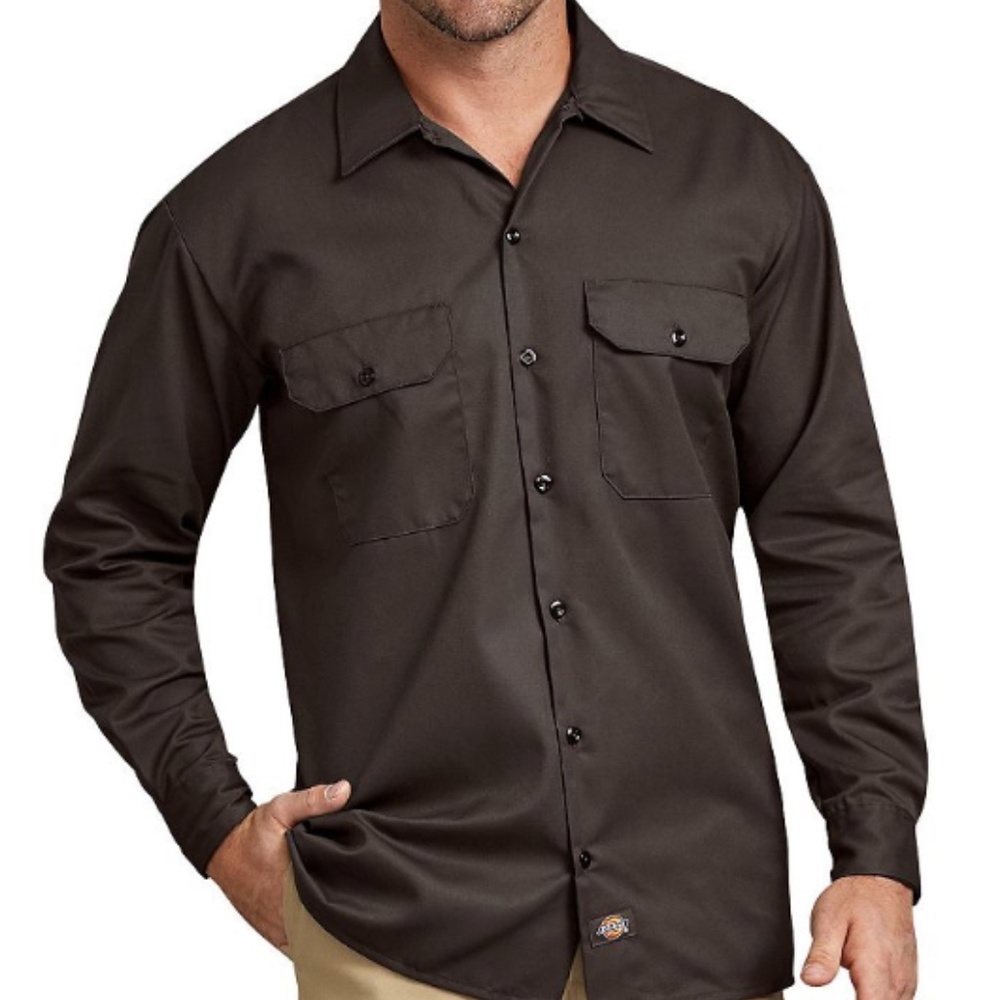 Dickies Button Down Long Sleeve Dark Brown Mens Shirt with Pockets 2XL NWT